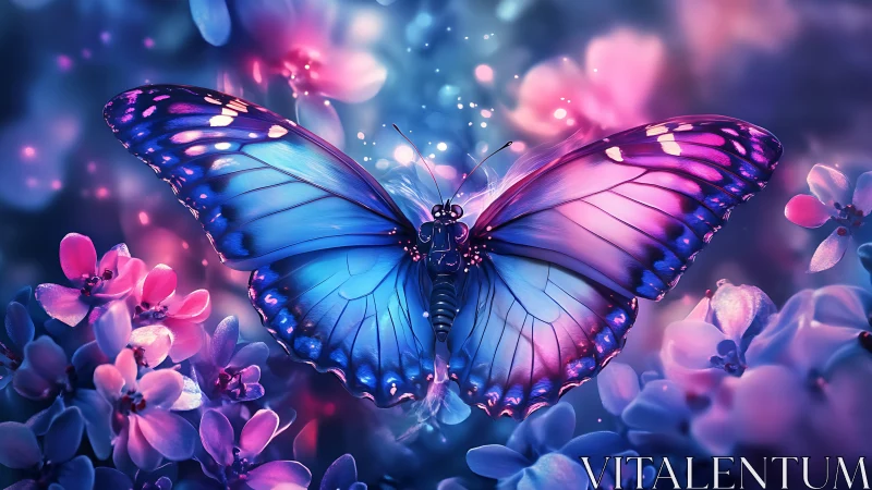Iridescent blue butterfly in dreamy neon floral glow.