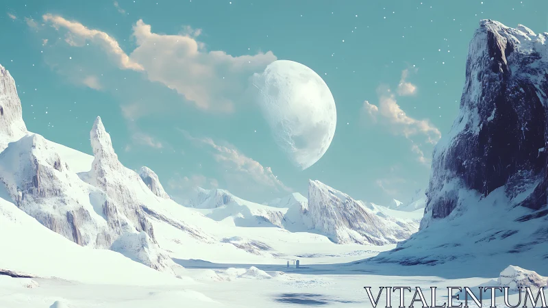 Frozen alien landscape under large crescent moon sky.