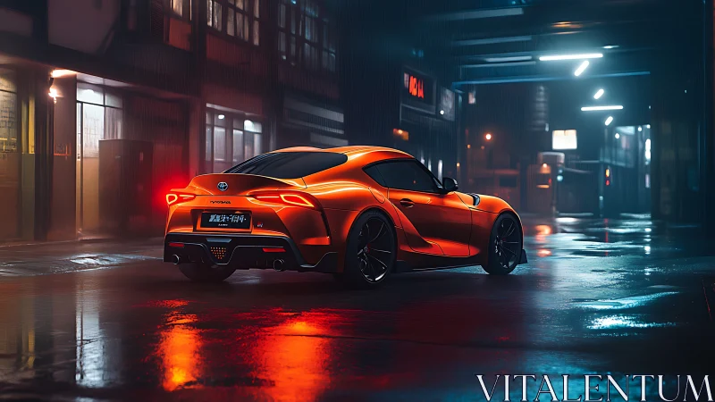Orange sports car glows in neon-lit rainy city street at night.