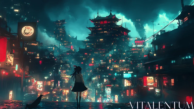 Neon cyberpunk skyline surrounds solitary girl at dusk.