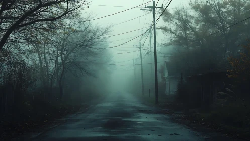 Fog-drowned country road hums with lonely electric silence.