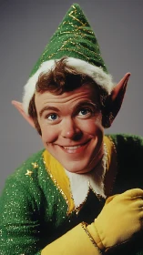 Mischief-bright Christmas elf grins in glittering green suit.