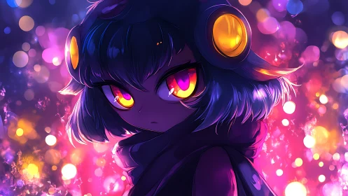 Neon-eyed anime figure in luminous bokeh nebula palette.