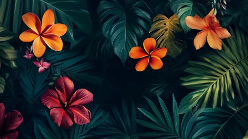 Tropical Floral Composition with Luminous Blooms Against Deep Foliage
