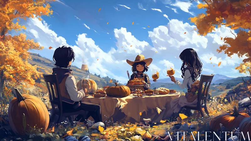 Children share a cozy autumn picnic amid golden hillside fields
