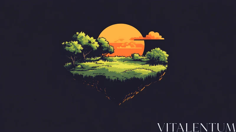 Floating meadow island under bold graphic sunset glow.