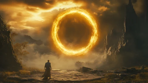 Lone figure below luminous circular portal in rocky valley.