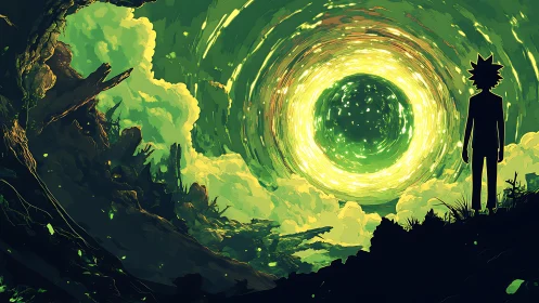 Silhouette observes luminous green portal in alien canyon