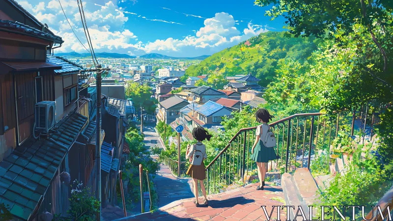 Schoolgirls on hillside stairs overlooking sunny town.