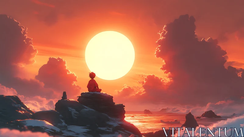 Soft sunset sky welcomes a quiet child resting above the sea