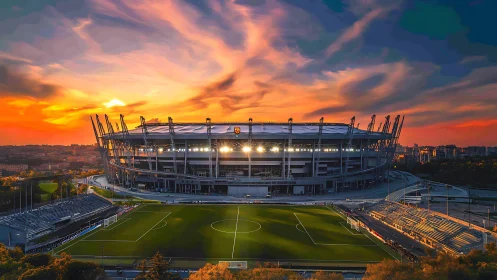 Large football stadium exterior under vivid sunset sky
