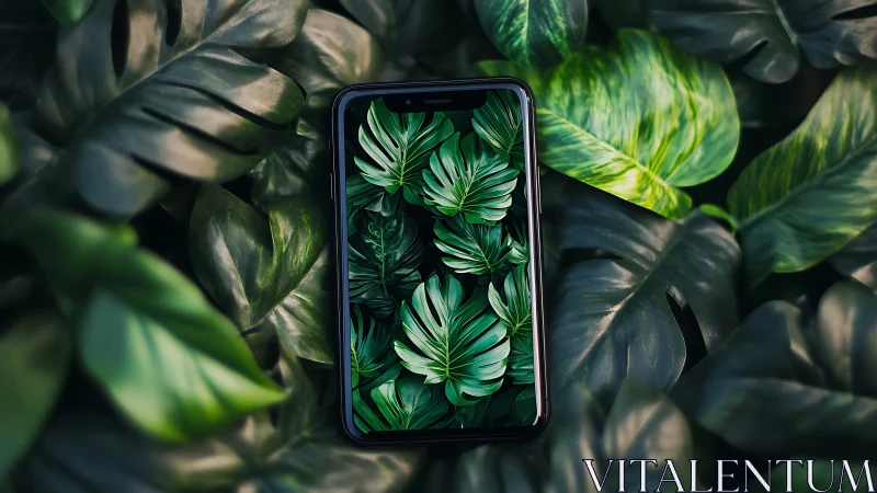 Smartphone portal blooms into lush digital jungle leaves.