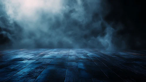 Moody blue wooden floor recedes into dense volumetric fog bank