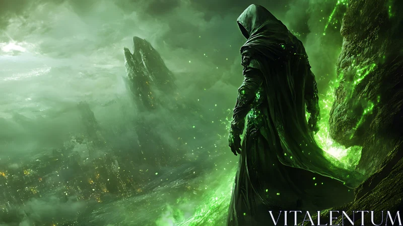 Hooded necromancer overlooks a stormlit, cursed cityscape