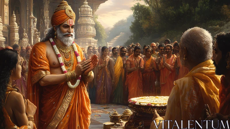 Digital painting of Hindu temple ceremony with robed priestly leader.