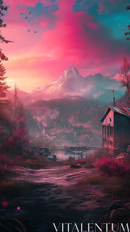 Digital painting of neon dusk valley with lakeside mountain cabin.