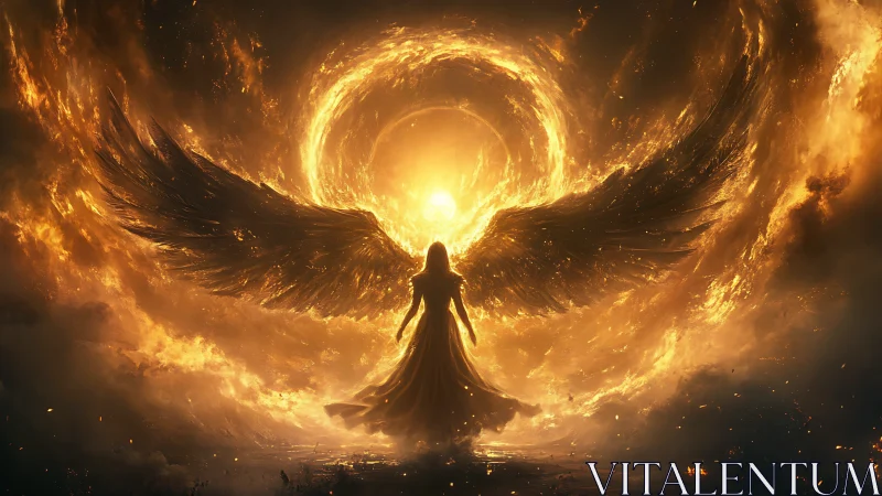 Seraphic shadow stands before blazing celestial vortex