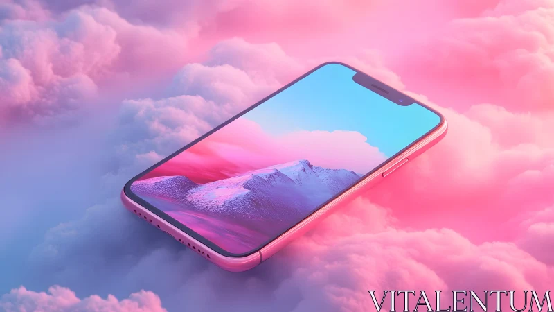 Modern smartphone on dreamy pink clouds with surreal digital art.