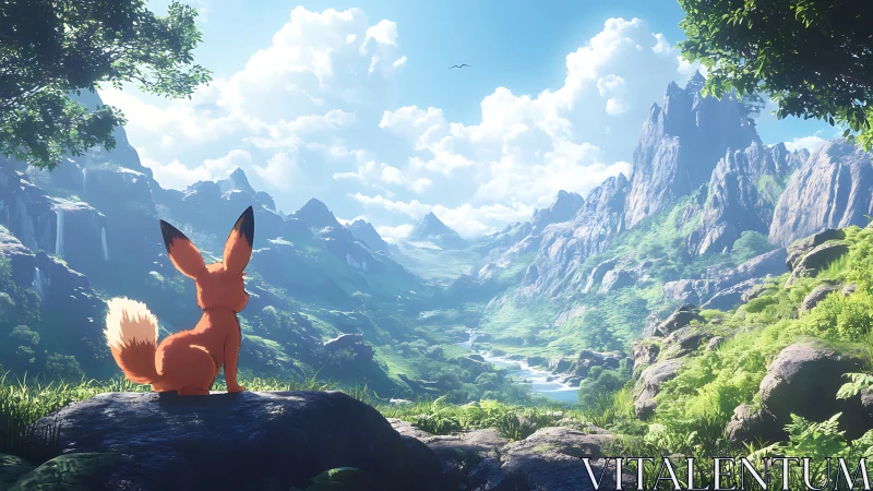 Backlit fox silhouette surveys high-dynamic-range alpine valley