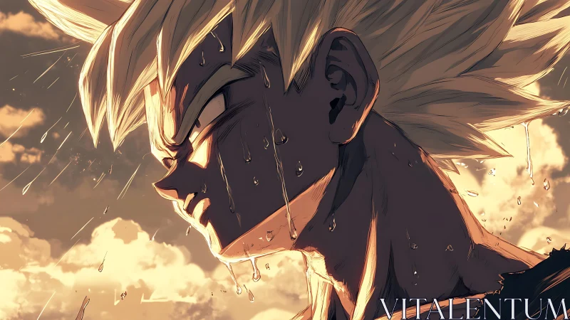 Saiyan warrior profile under stormlit golden sunset rain.