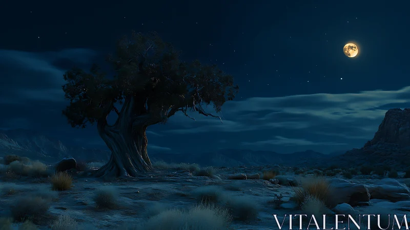 Ancient desert tree stands under a luminous full moonlit sky