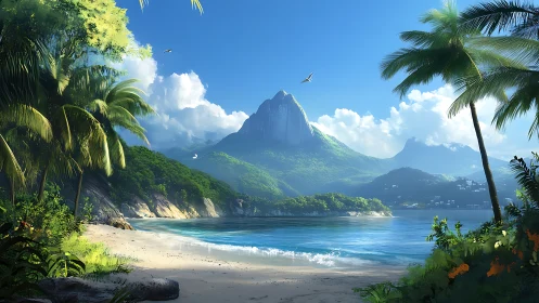 Tropical Paradise Beach. Mountain Peak Rising Above Emerald Waters.
