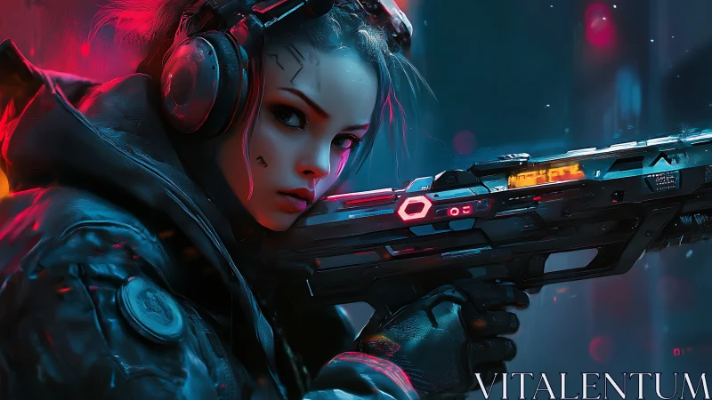 Cybernetic operative holds illuminated rifle in neon lighting