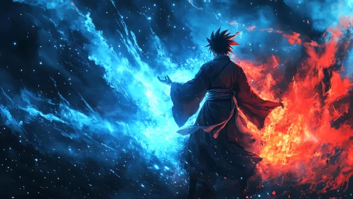 Cosmic duel of fire and frost around lone anime sorcerer.