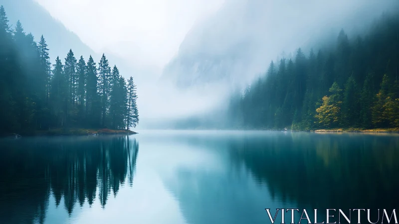 Mist over calm alpine lake with dense evergreen forest.