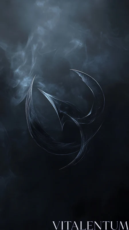 Curved metallic emblem suspended in dark smoky field.