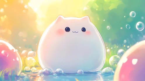 Sunlit pastel kitty blob in a dreamy bubble meadow.