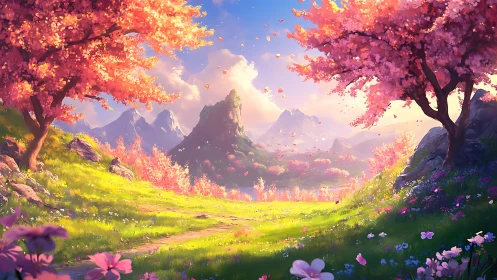 Blooming valley landscape uses warm rim light and deep aerial perspective