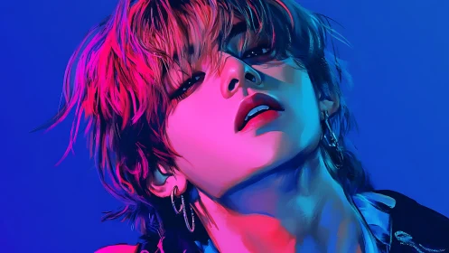 Neon-lit portrait with cyan magenta dual-tone rim lighting.