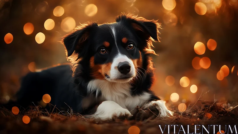 Photorealistic tricolor dog portrait with autumn bokeh field.