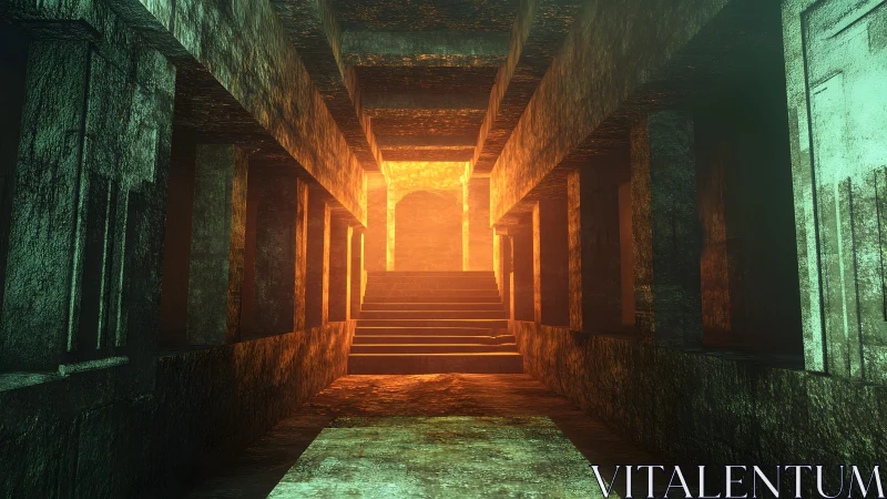 Ancient stone hallway with glowing light, digital fantasy art.