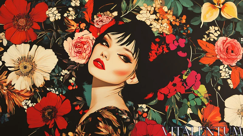 Elegant dark-haired woman surrounded by vivid blooming flowers