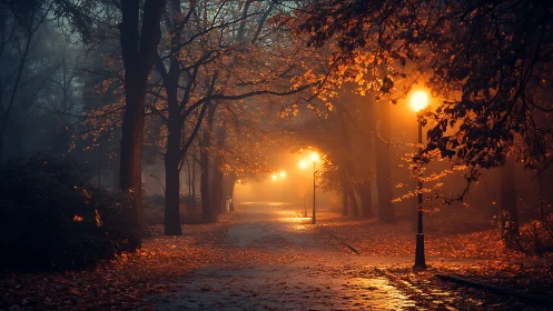 Foggy park pathway is illuminated by aligned streetlights