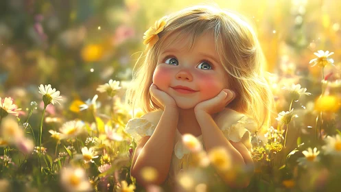 Contemplative Child in Golden Wildflower Meadow.