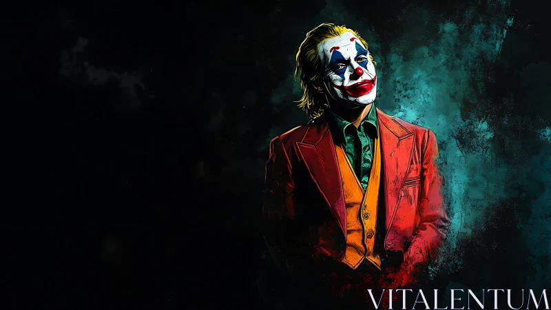 Stylized clown portrait in red suit on textured teal void