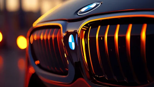 Close view of illuminated BMW grille at sunset.