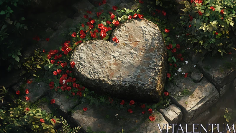 Heart-shaped stone sculptural form surrounded by dense red roses
