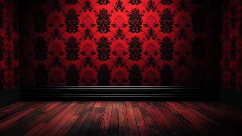 Red patterned wall with dark wooden floor in empty room.