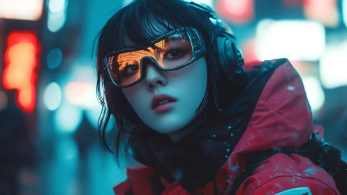 Cyberpunk girl in neon snowfall wears mirrored visor