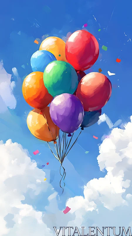 Colorful Balloons Floating Against Blue Sky with Clouds.