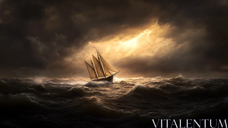 Sailing ship crosses stormy ocean under dramatic backlight