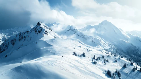 High alpine snow ridge with backcountry ski tracks at dawn