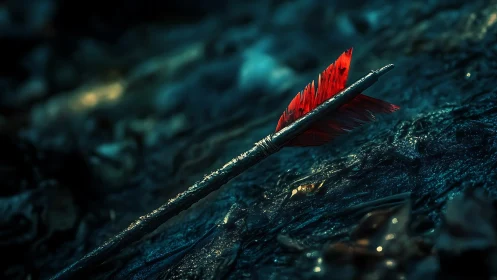 Macro-rendered red-fletched arrow embedded in wet terrain.