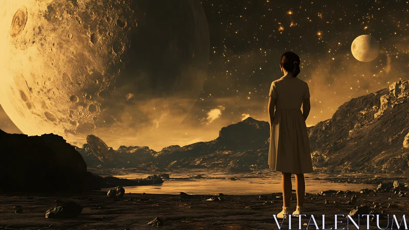Solitary girl contemplates colossal moon in alien dusk