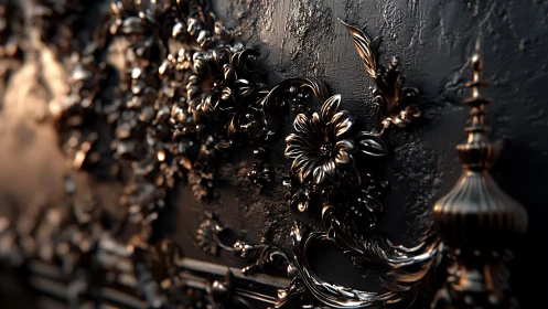 Baroque floral metal relief on dark textured wall surface.