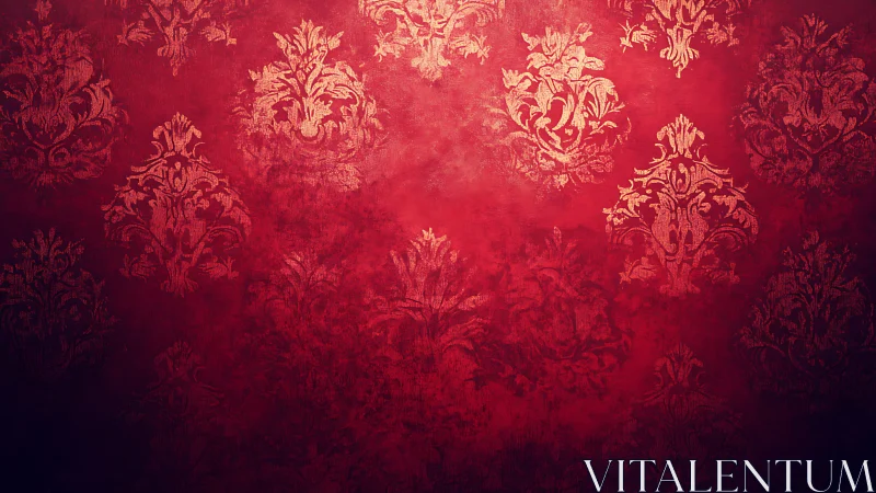Vintage damask wallpaper displays ornate floral motifs in red